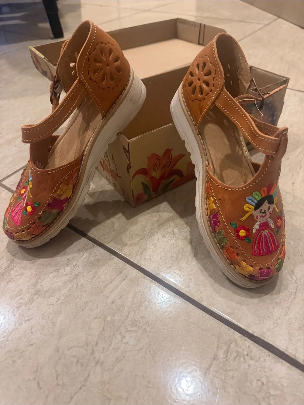 Girl Brown Embroidered Authentic Leather Mexican Shoes - Colorful Floral